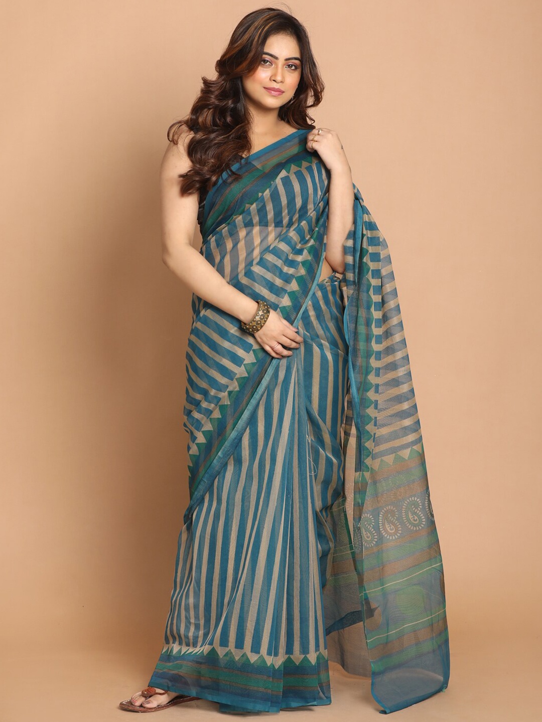 

Indethnic Taupe Striped Supernet Saree