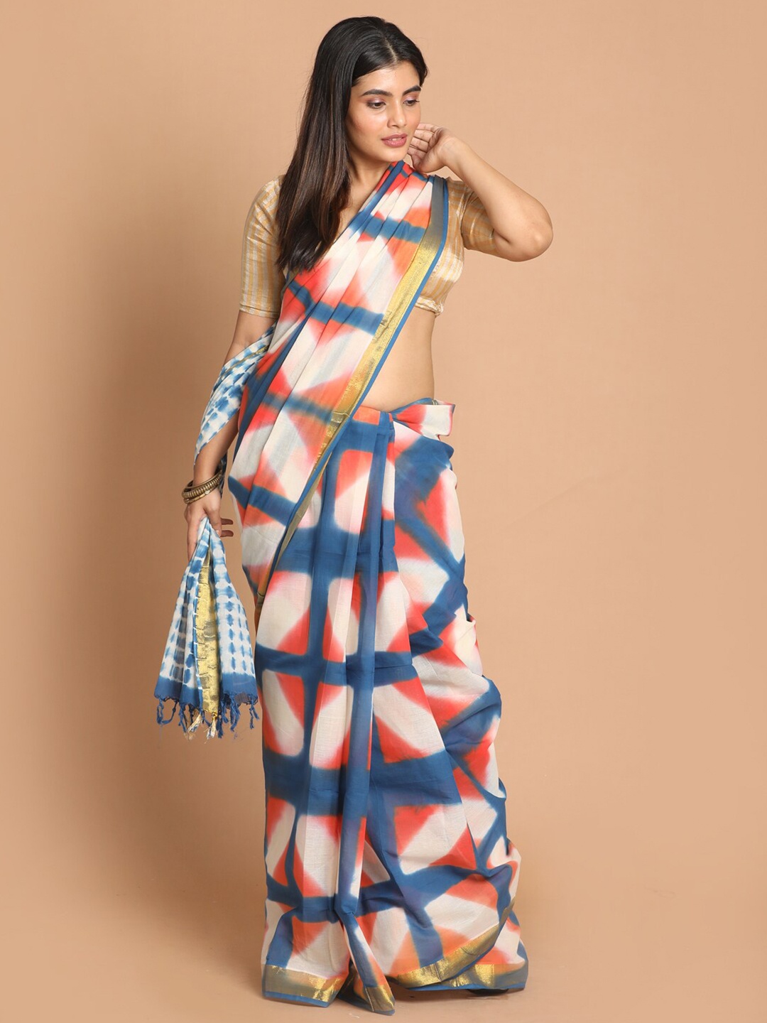 

Indethnic Blue & Orange Tie and Dye Pure Cotton Saree