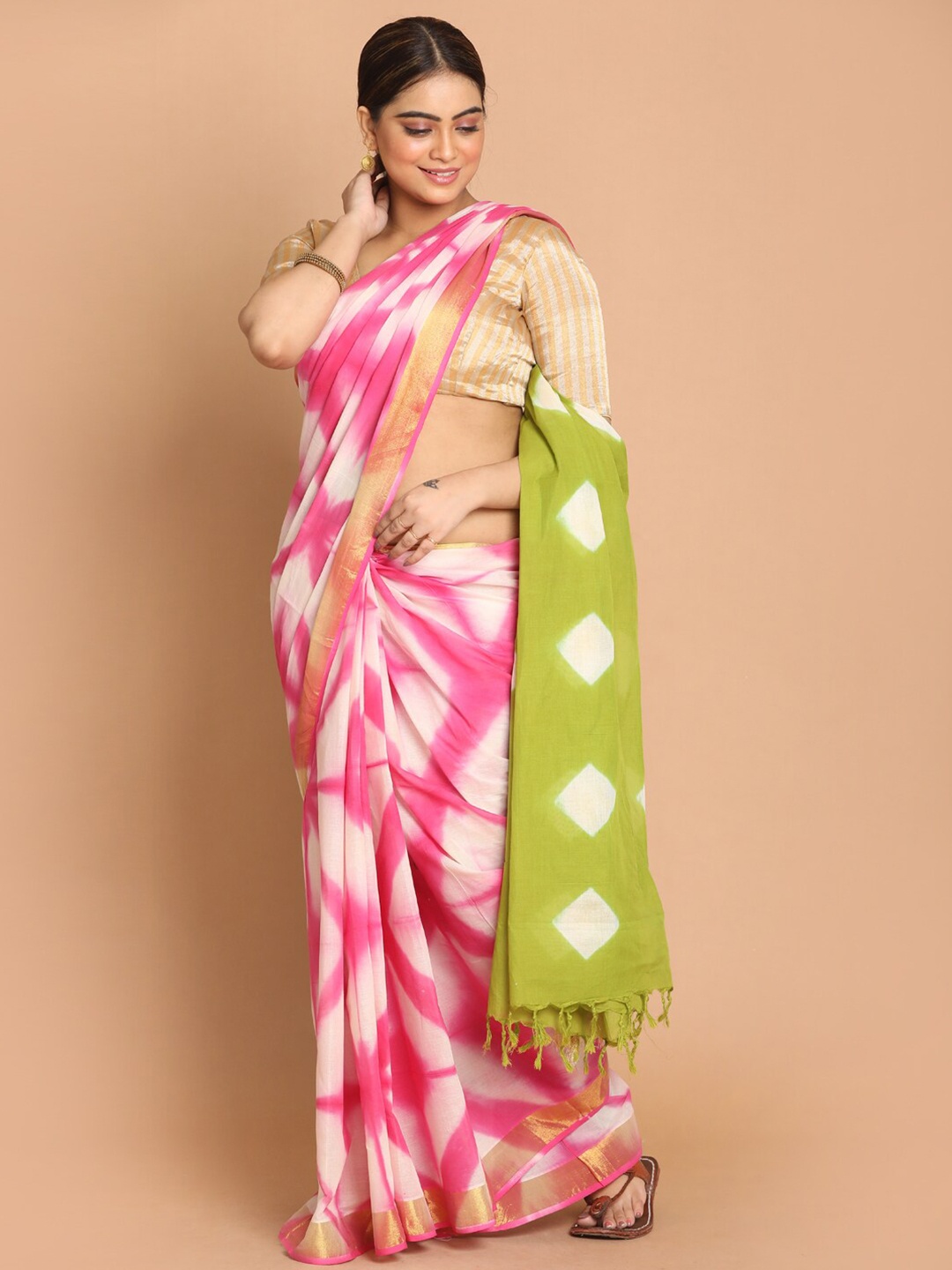 

Indethnic Pink & White Tie and Dye Pure Cotton Zari Saree