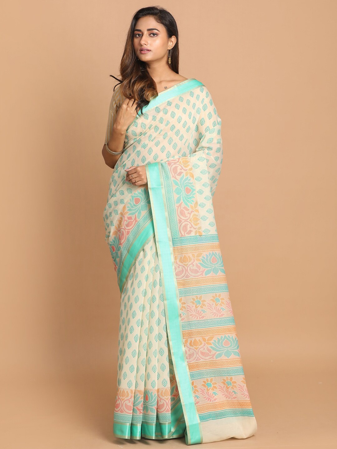 

Saranee Green & White Ethnic Motifs Saree