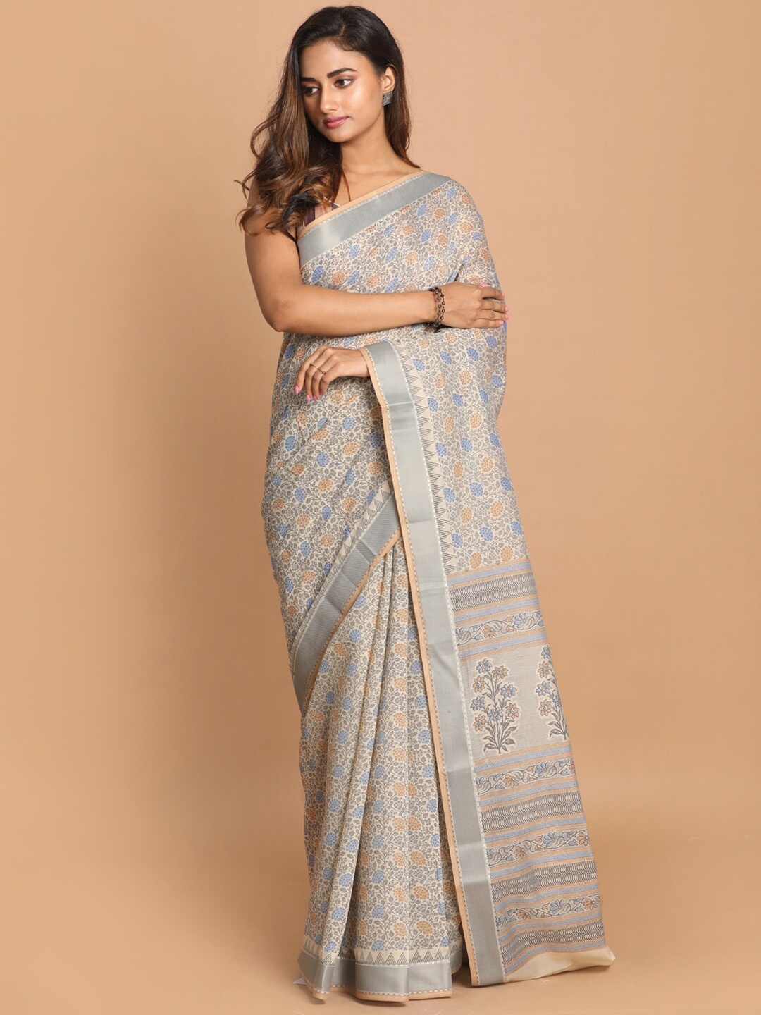 

Saranee Grey & Blue Floral Saree