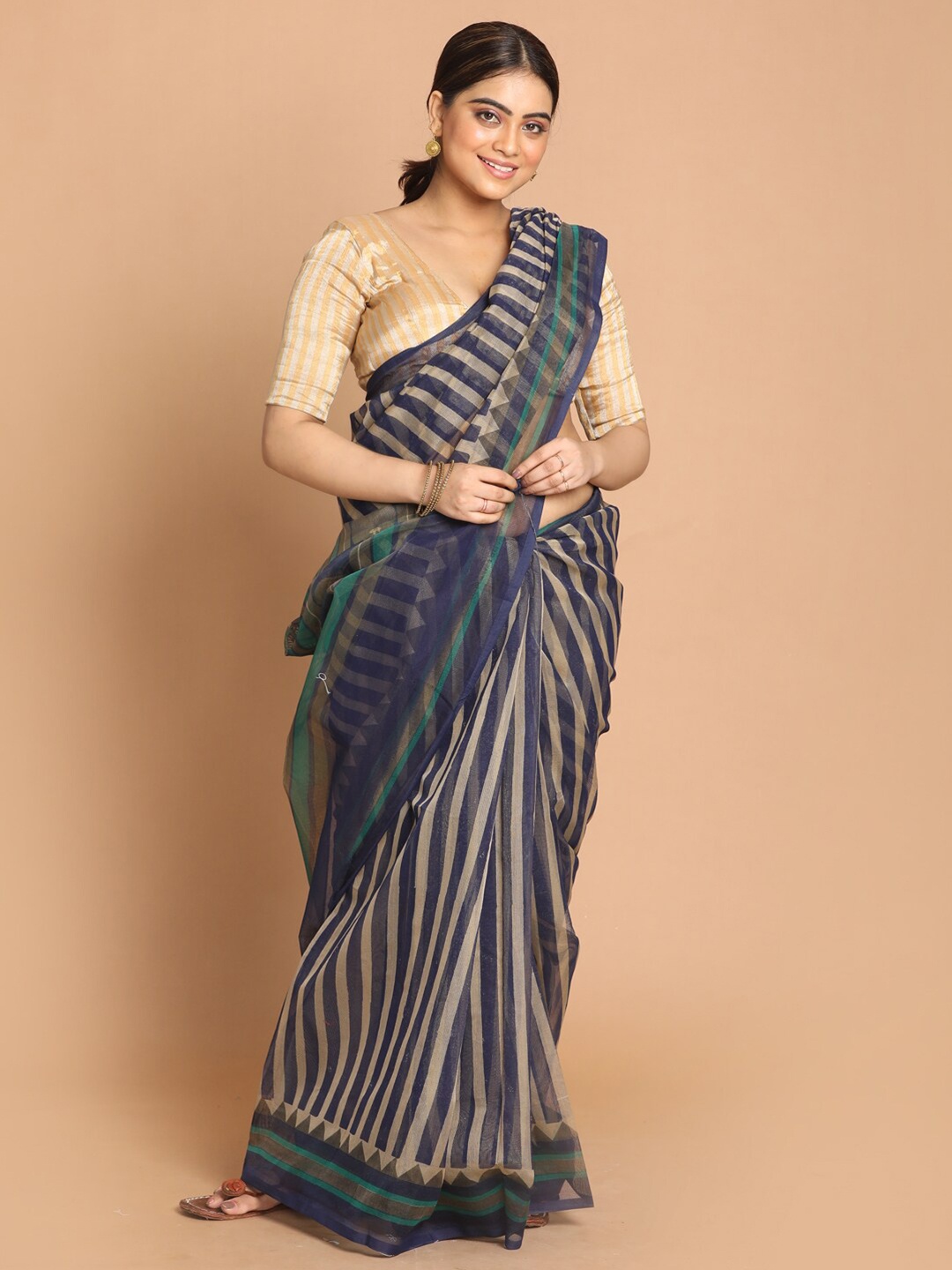 

Indethnic Navy Blue & Beige Striped Supernet Saree