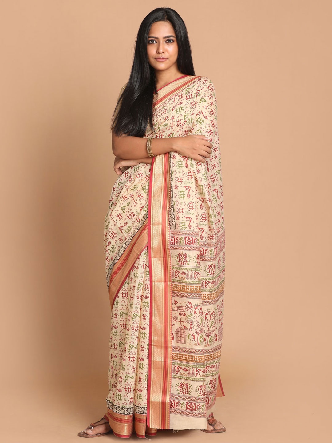 

Saranee Cream-Coloured & Maroon Printed Saree