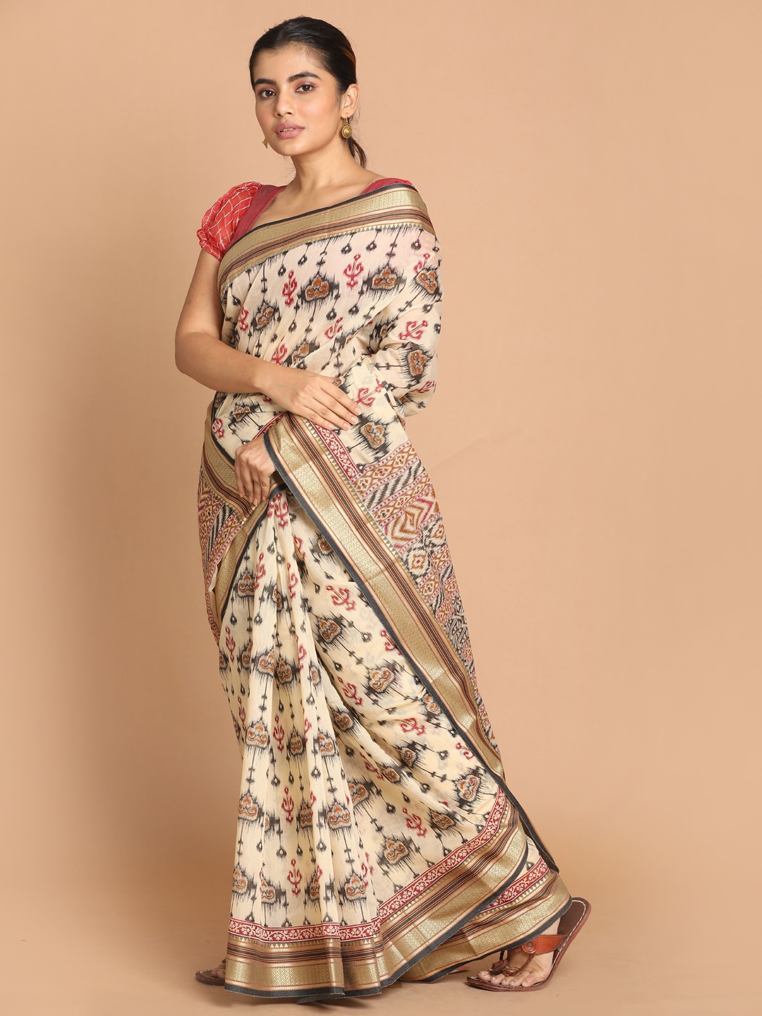 

Indethnic White & Maroon Ethnic Motifs Pure Cotton Saree