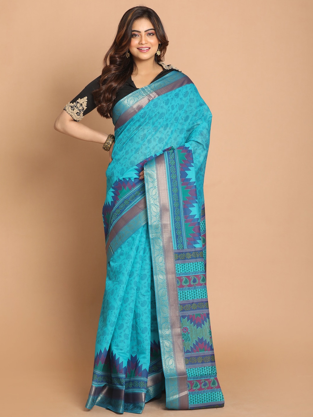 

Saranee Blue & Gold-Toned Floral Printed Zari Border Saree