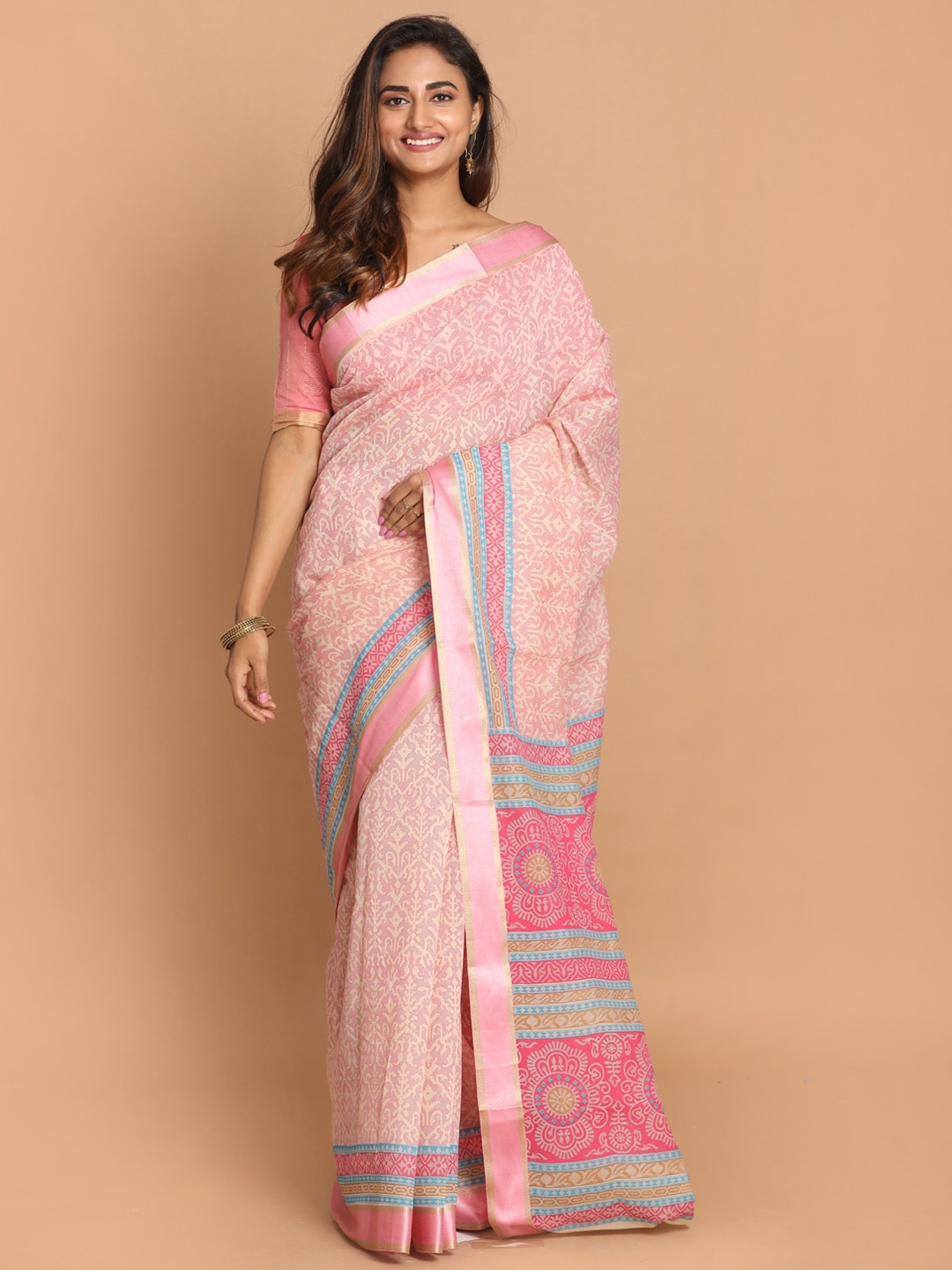 

Indethnic Pink & Blue Ethnic Motifs Saree