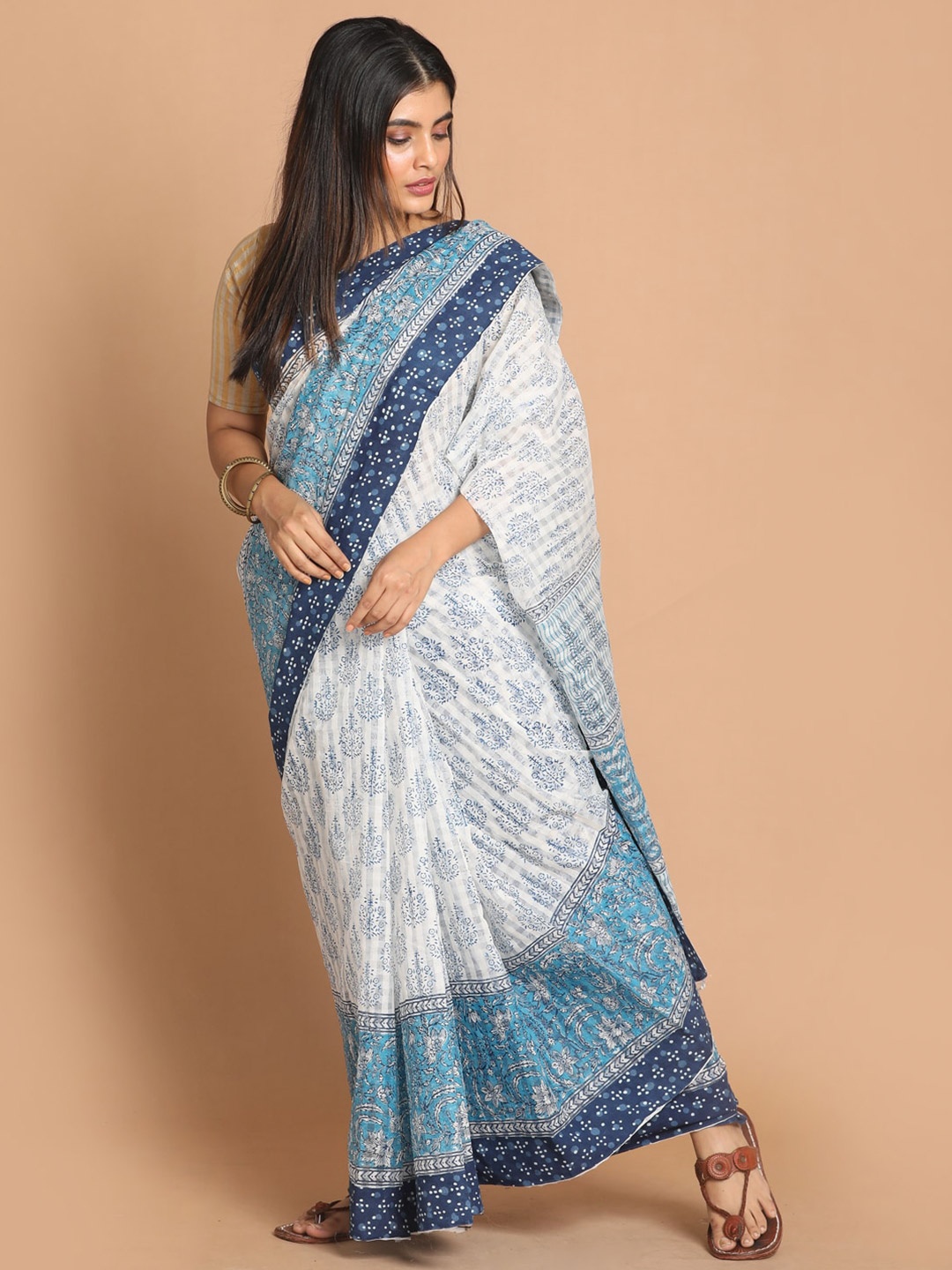 

Indethnic Blue & White Dabu Net Saree