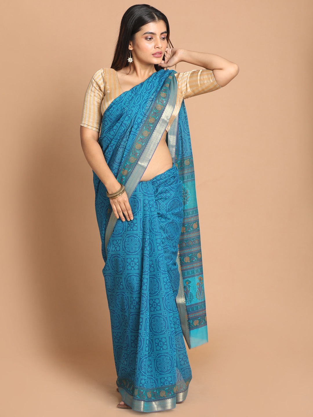 

Saranee Blue & Brown Bandhani Saree