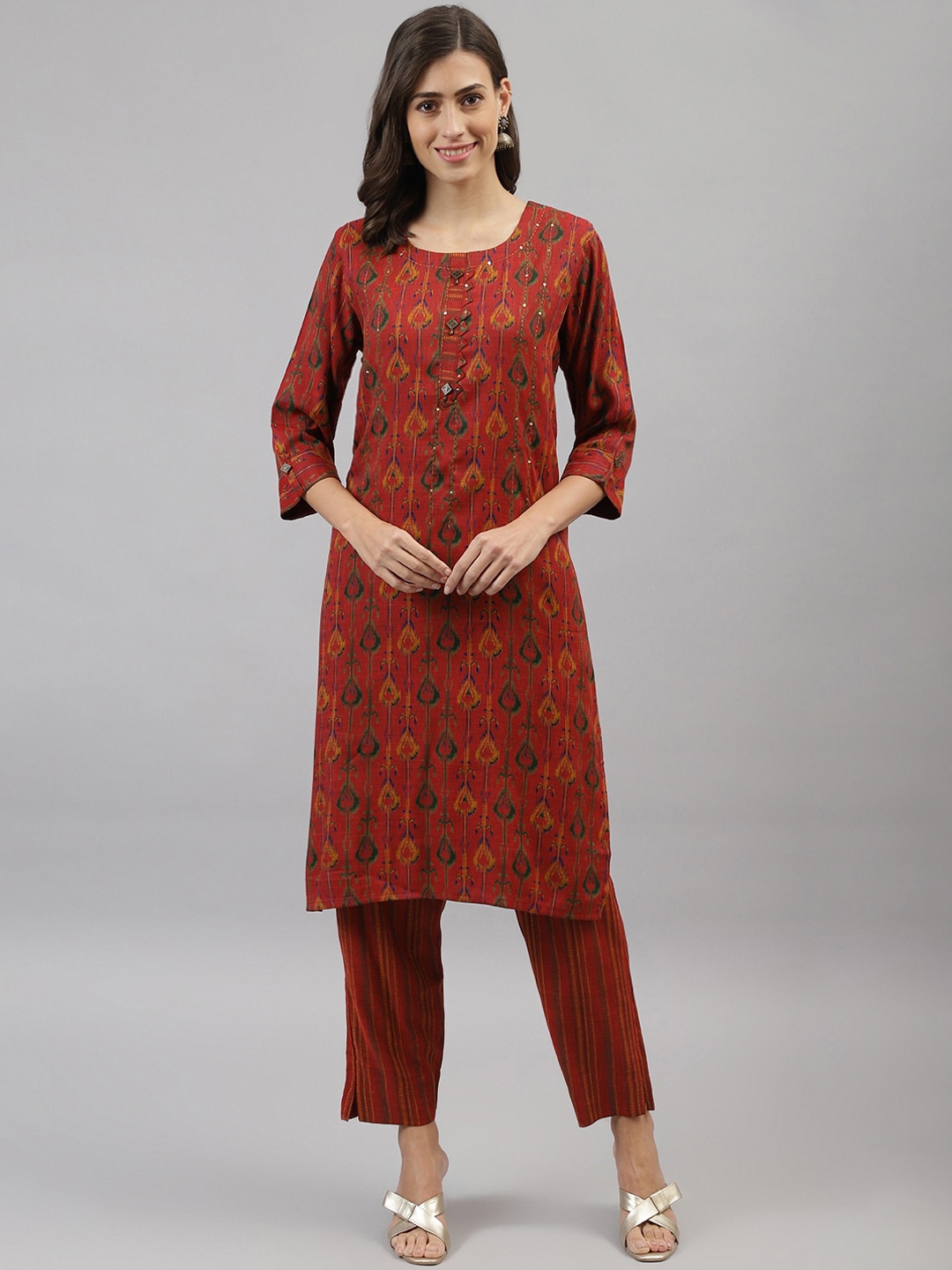 

TANKHI Women Rust & Yellow Ethnic Motifs Printed Regular Kurta with Trousers