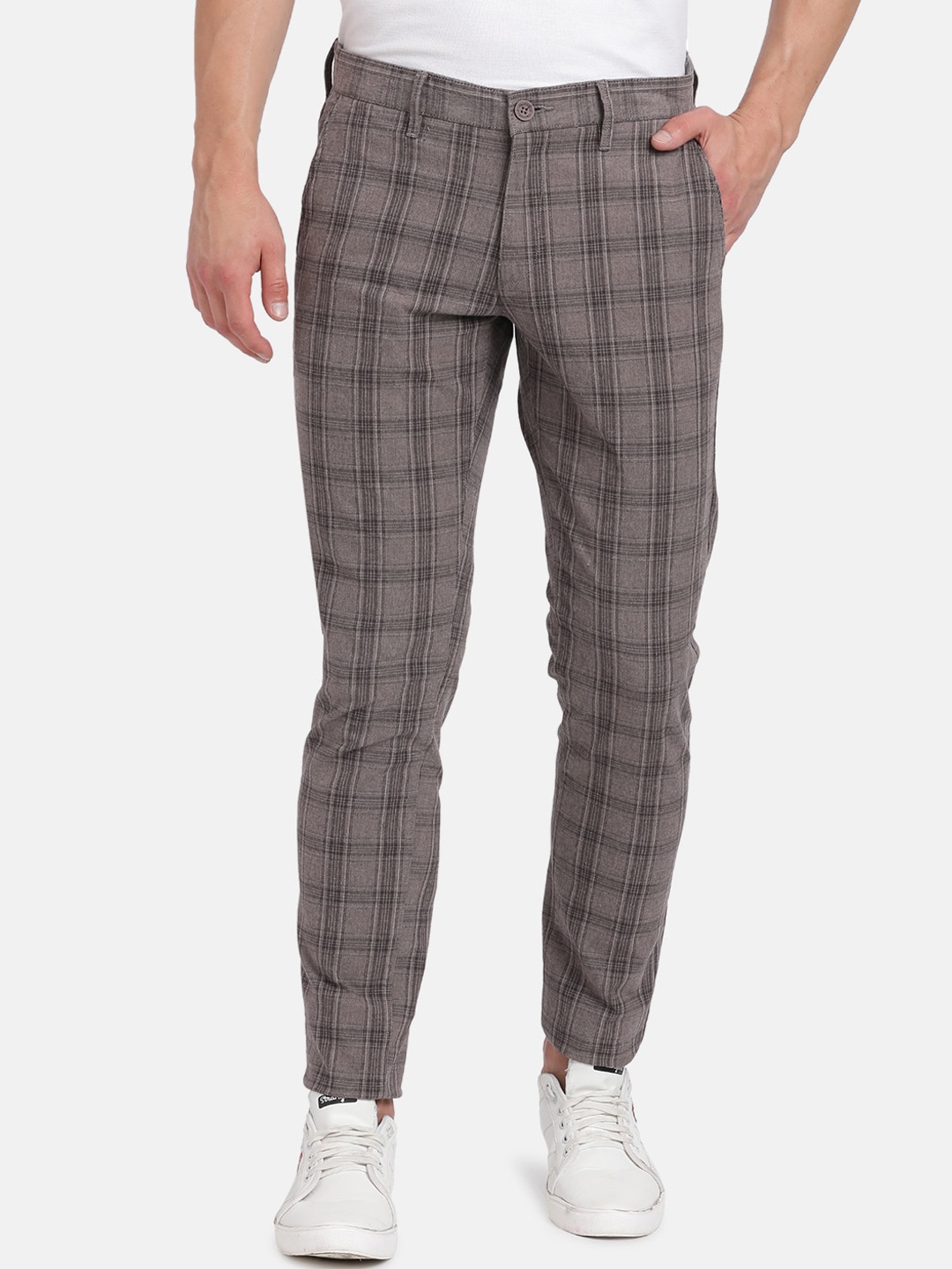 

Crocodile Men Brown Checked Slim Fit Chinos Cotton Trousers