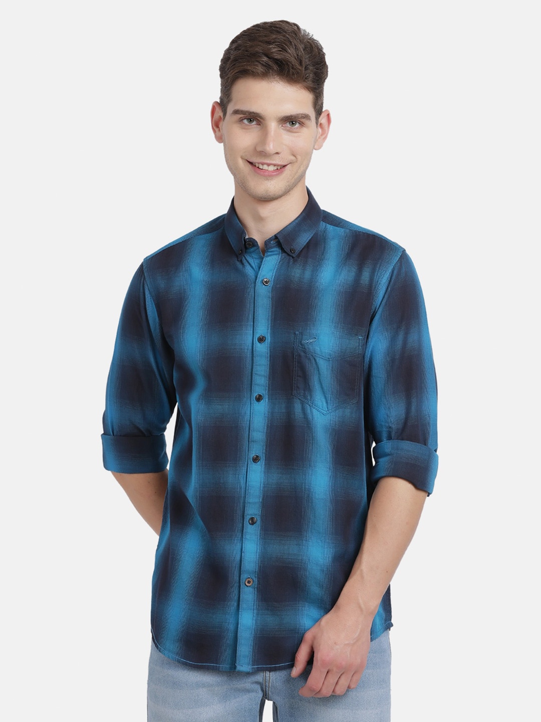 

Crocodile Men Navy Blue Classic Slim Fit Opaque Checked Cotton Casual Shirt