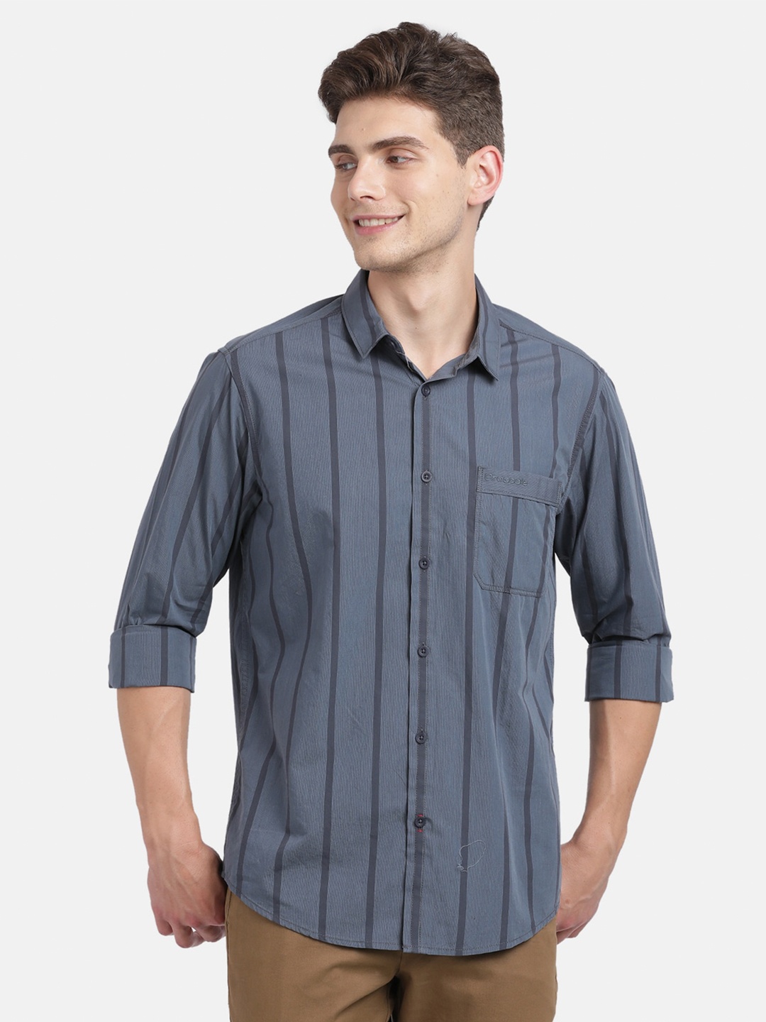 

Crocodile Men Navy Blue Classic Slim Fit Opaque Striped Casual Shirt