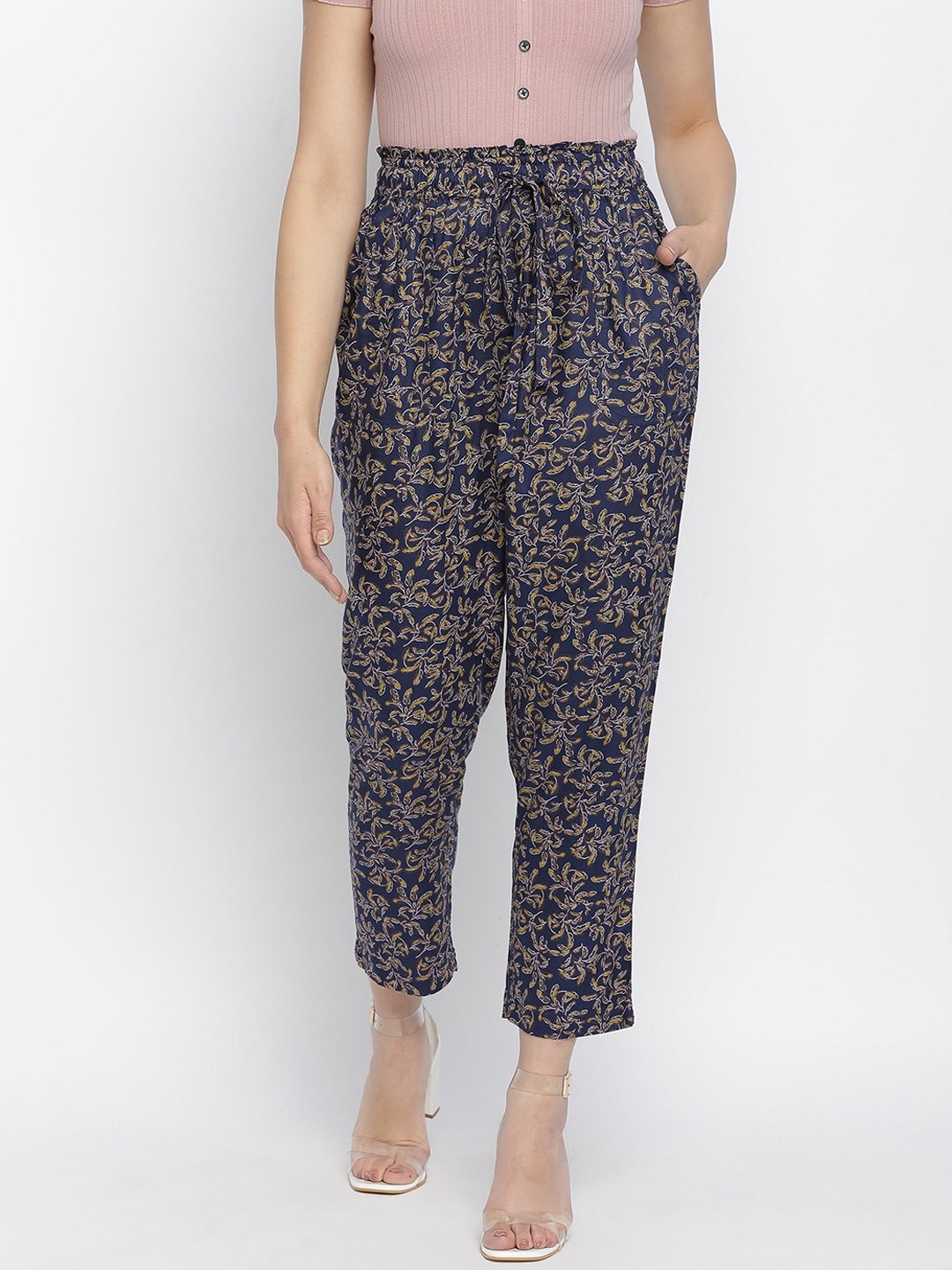 

Oxolloxo Women Navy Blue Ethnic Motifs Printed Pleated Trousers