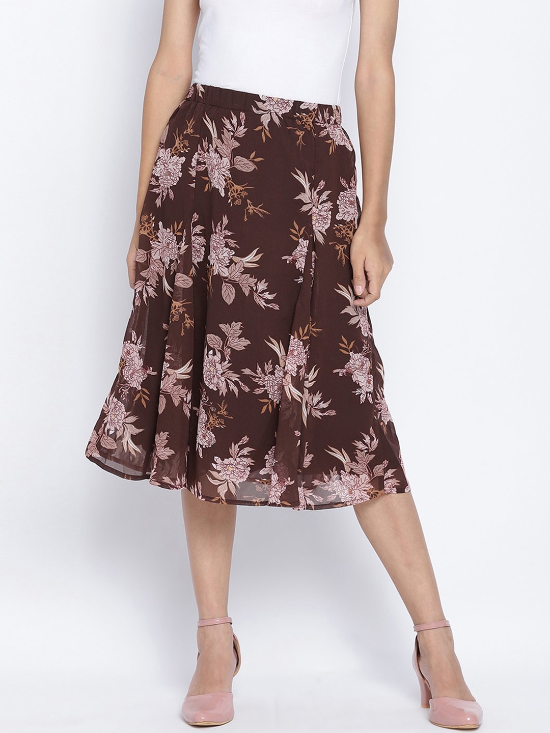 

Oxolloxo Women Brown & Pink Printed A-Line Knee Length Skirt