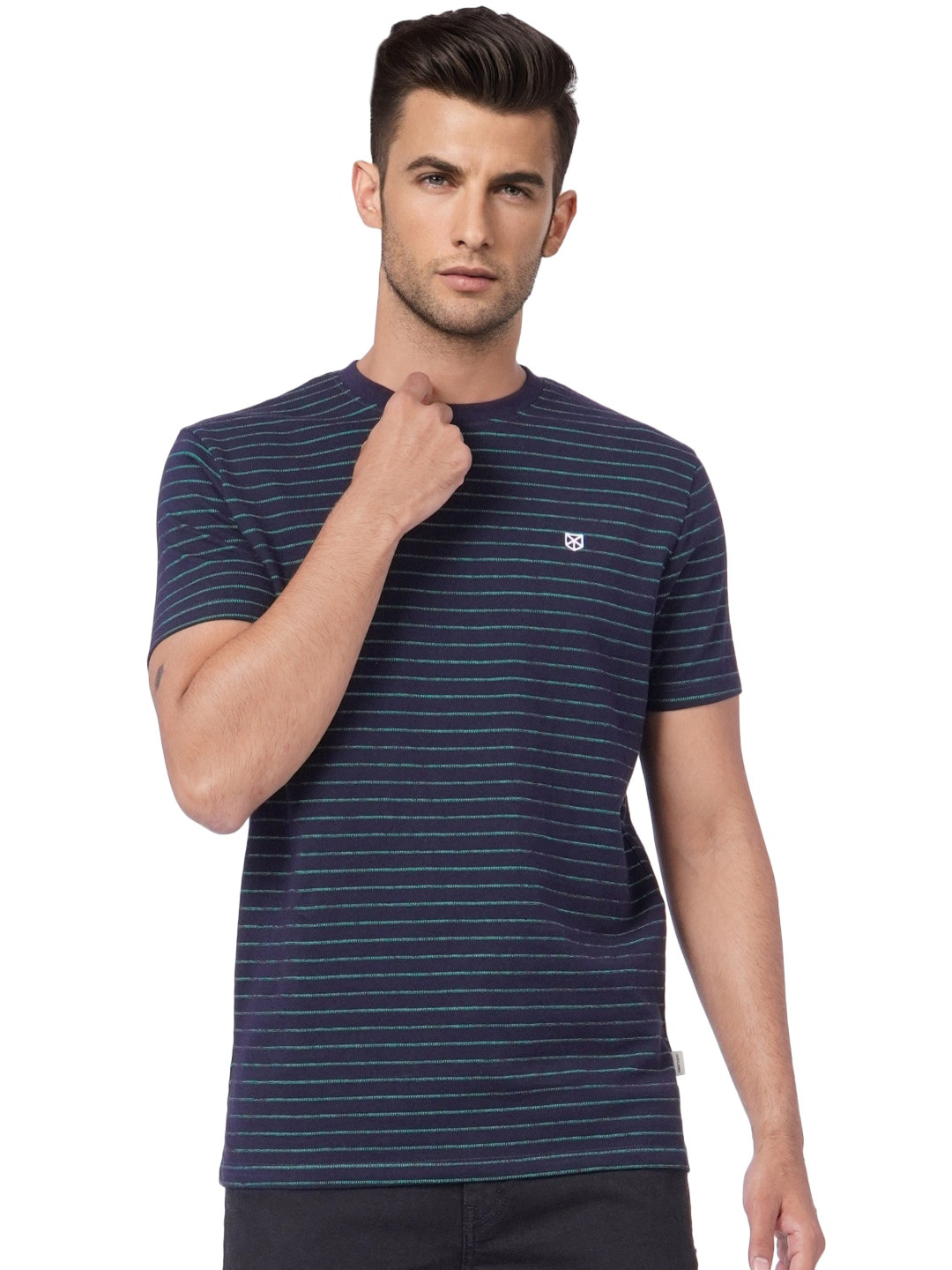 

Jack & Jones Men Navy Blue Striped Slim Fit T-shirt