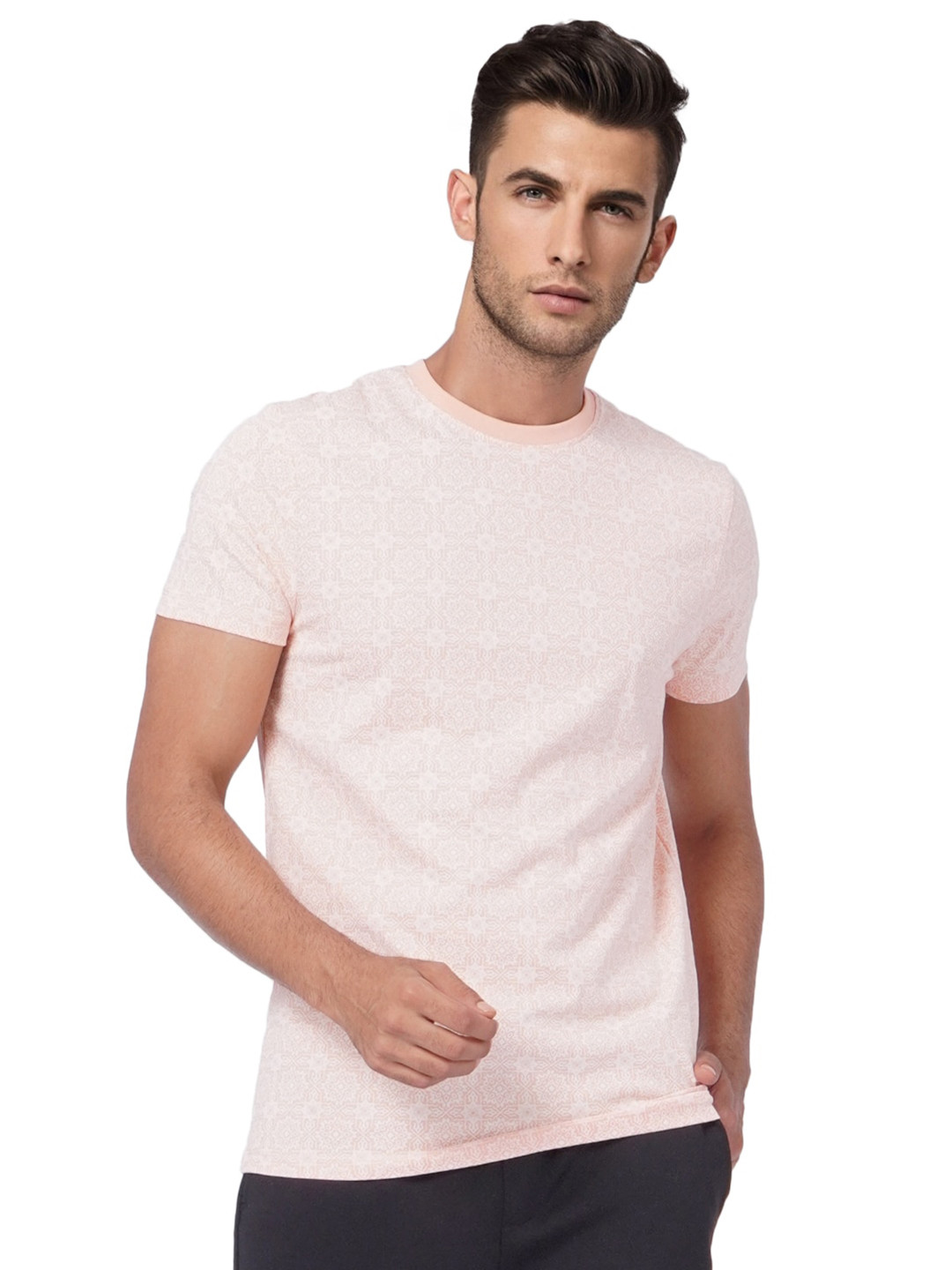 

Jack & Jones Men Pink & Grey Printed Slim Fit Cotton T-shirt