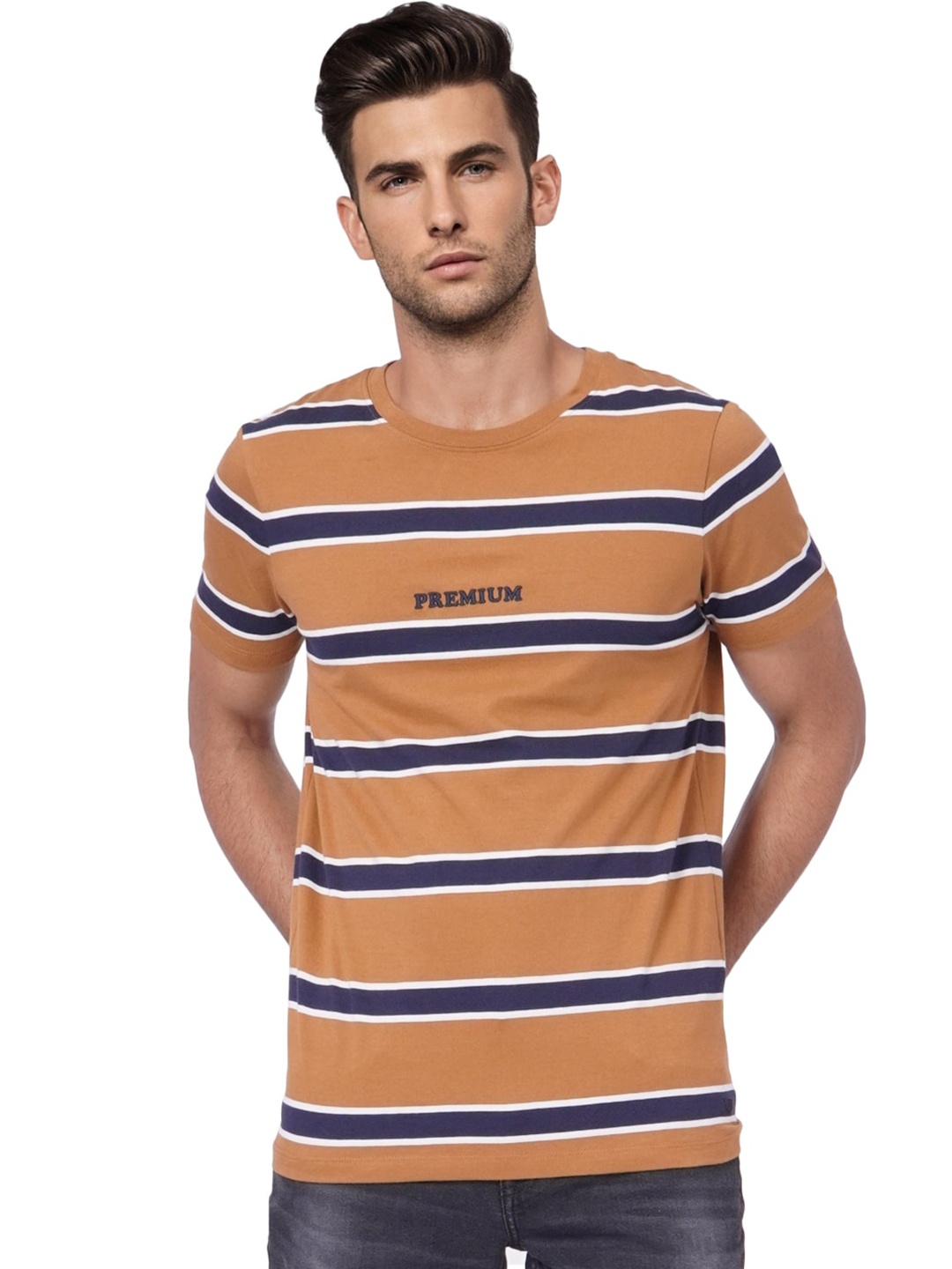 

Jack & Jones Men Brown & Navy Blue Striped Slim Fit T-shirt