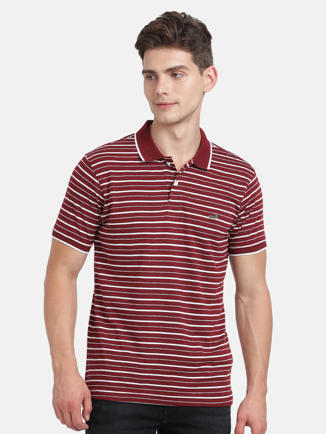 

Crocodile Men Maroon Striped Polo Collar Pockets Slim Fit T-shirt