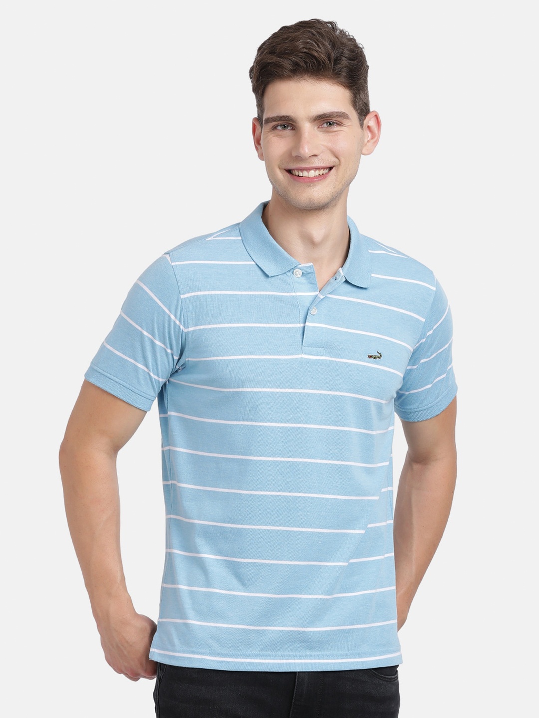 

Crocodile Men Blue Striped Polo Collar Pockets Slim Fit T-shirt