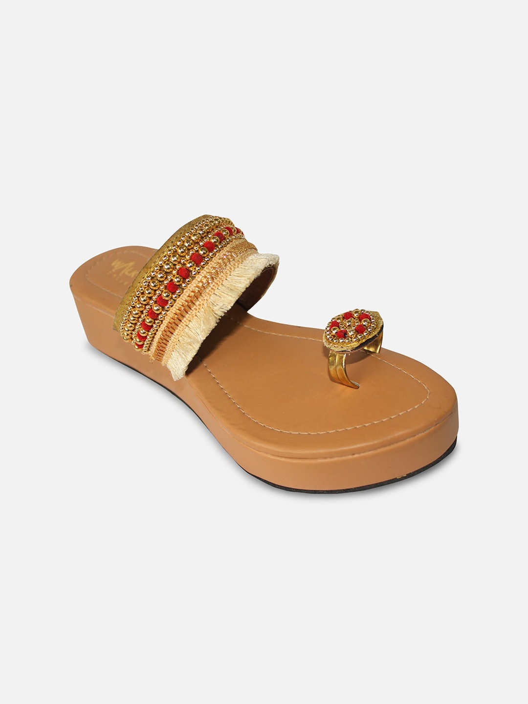 

WALK N STYLE COLLECTION Brown & Beige Embellished Ethnic Flatform Sandals