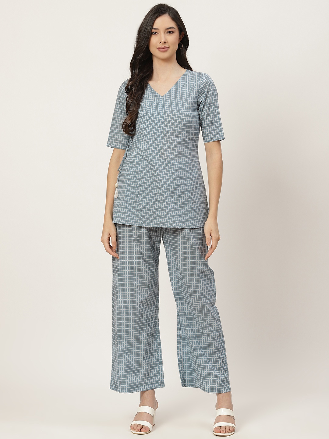 

FABRIC FITOOR Women Blue Regular Pure Cotton Top with Palazzos