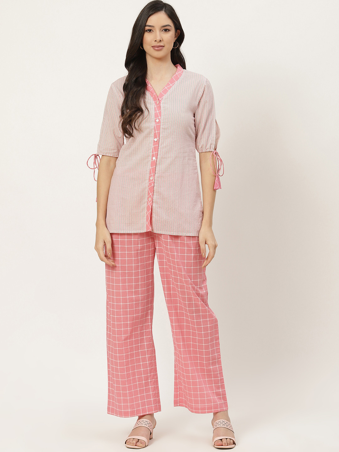 

FABRIC FITOOR Women Pink Printed Regular Pure Cotton Top with Palazzos
