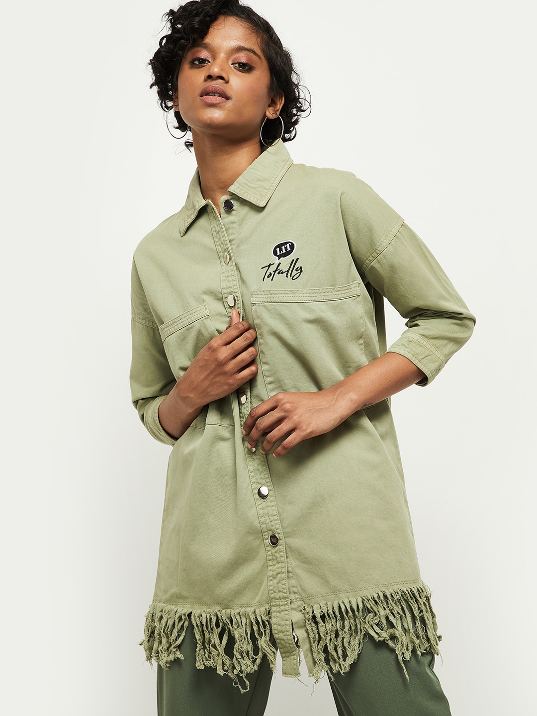 

max Women Green Longline Denim Jacket
