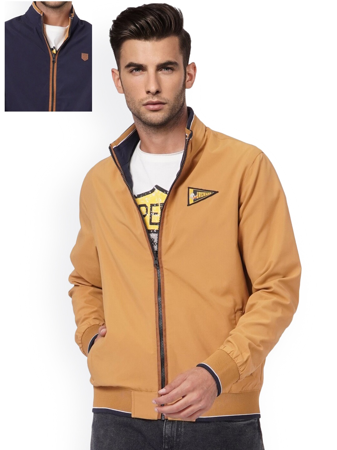 

Jack & Jones Men Navy Blue Colourblocked Reversible Tailored Jacket with Patchwork