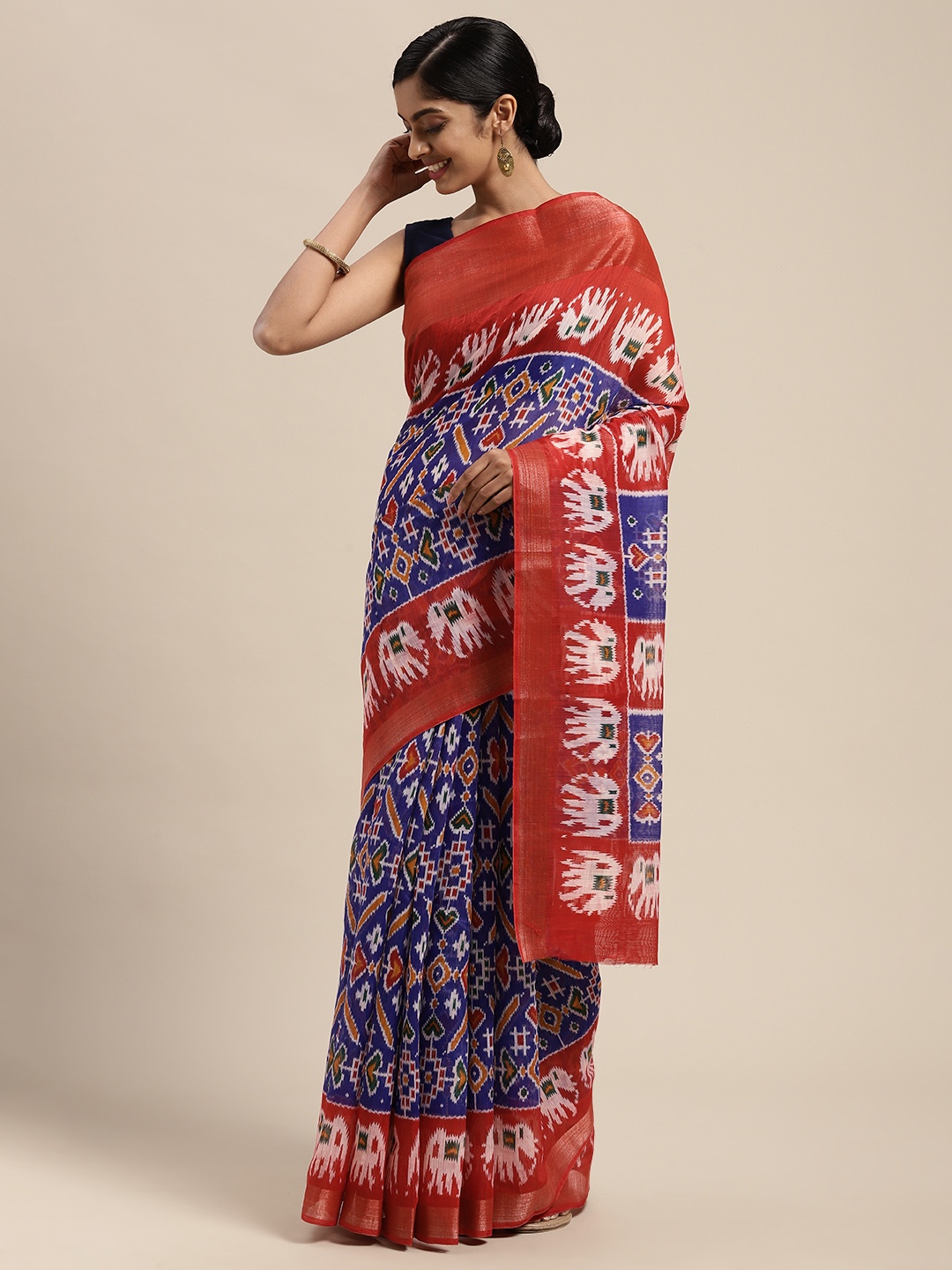 

Mitera Blue & Red Bandhani Art Silk Pochampally Saree