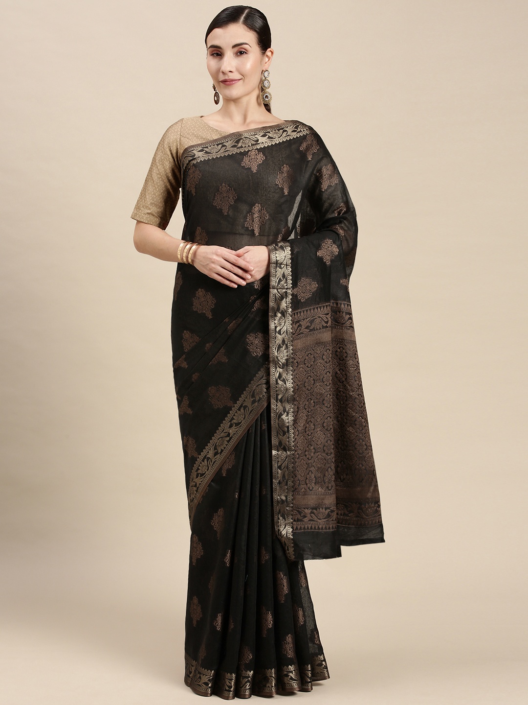

Mitera Black & Brown Cotton Silk Saree With Running Blouse Piece