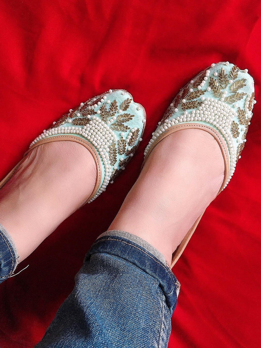 

DESI COLOUR Women Sea Green Embellished Leather Ethnic Mojaris Flats