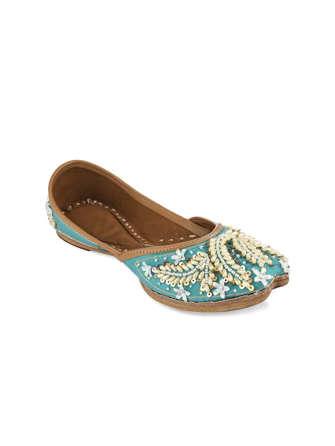 

DESI COLOUR Women Sea Green Embellished Leather Ethnic Mojaris Flats
