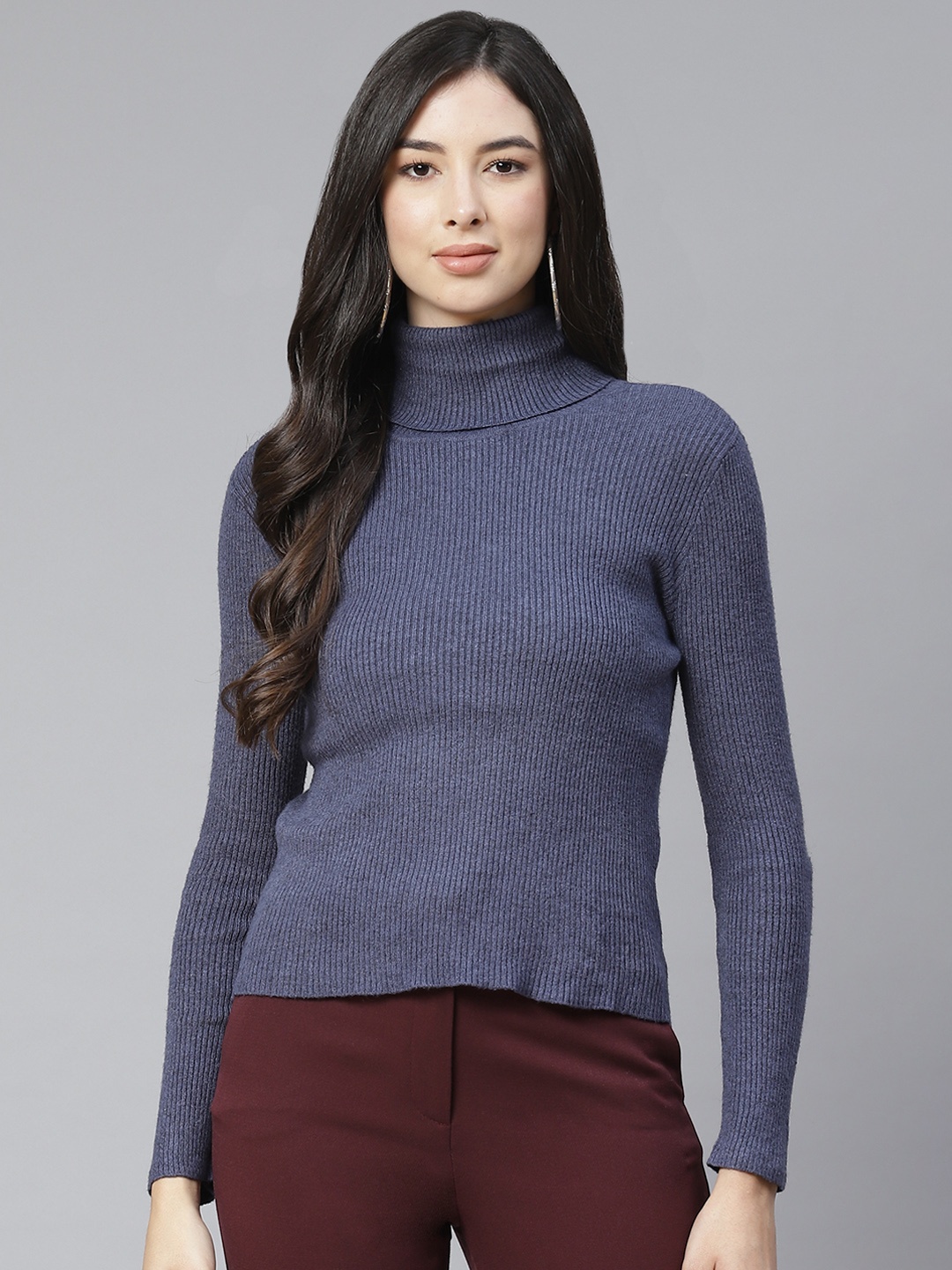 

RUNWAYIN Women Navy Blue Ribbed Pullover