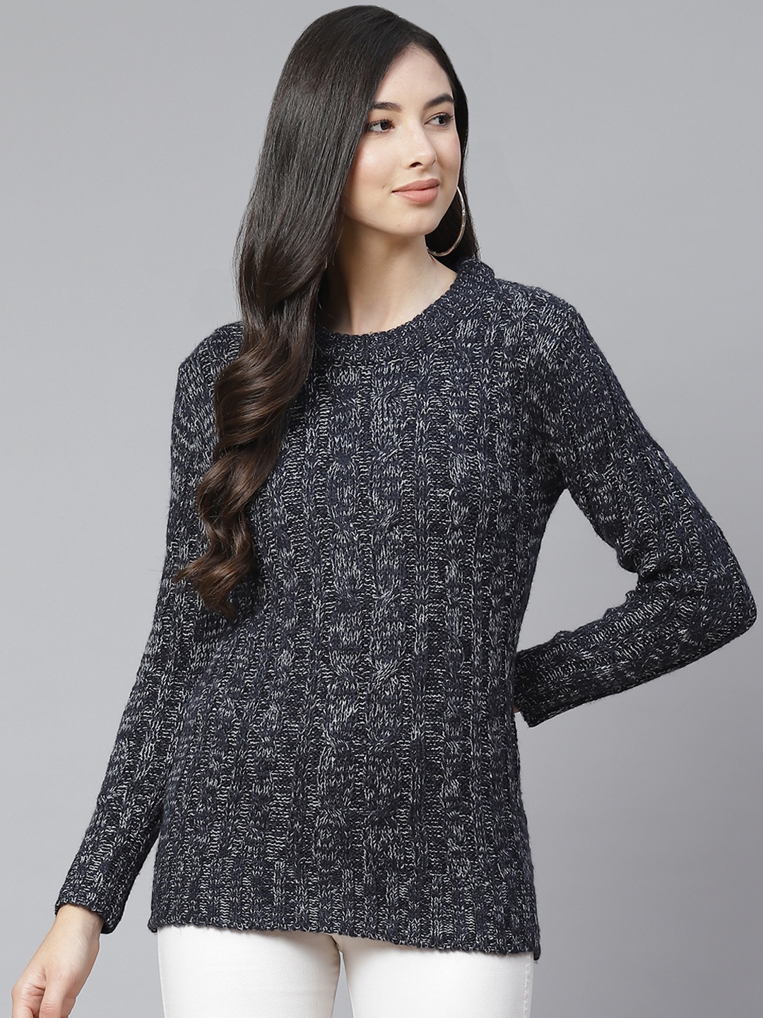

RUNWAYIN Women Navy Blue Speckled Pullover