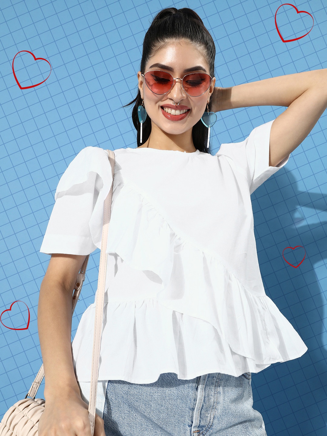 

plusS Women Classic White Solid Ruffled Top