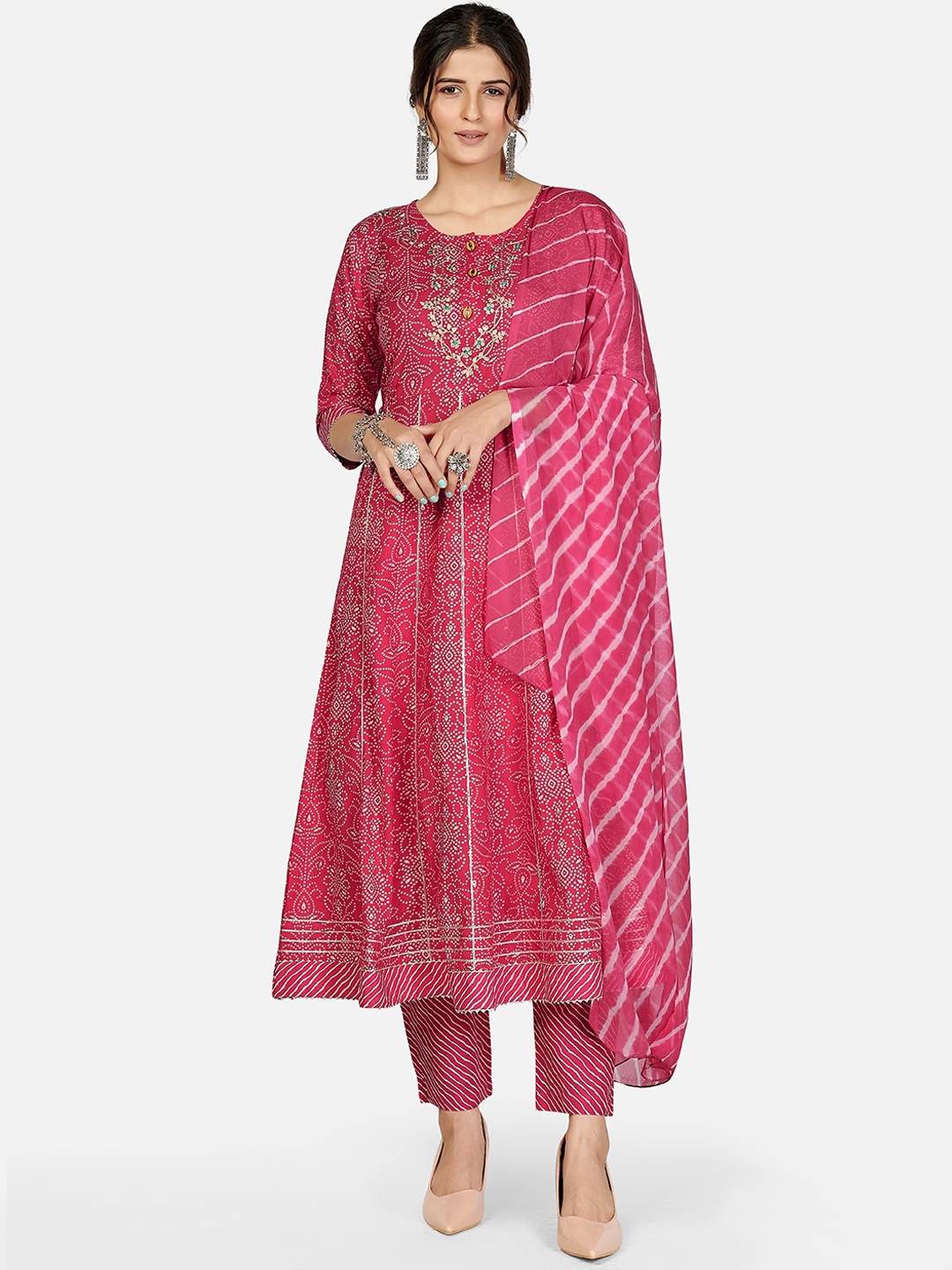 

Vbuyz Women Pink Ethnic Motifs Printed Regular Pure Cotton Kurta with Trousers & With Dupatta