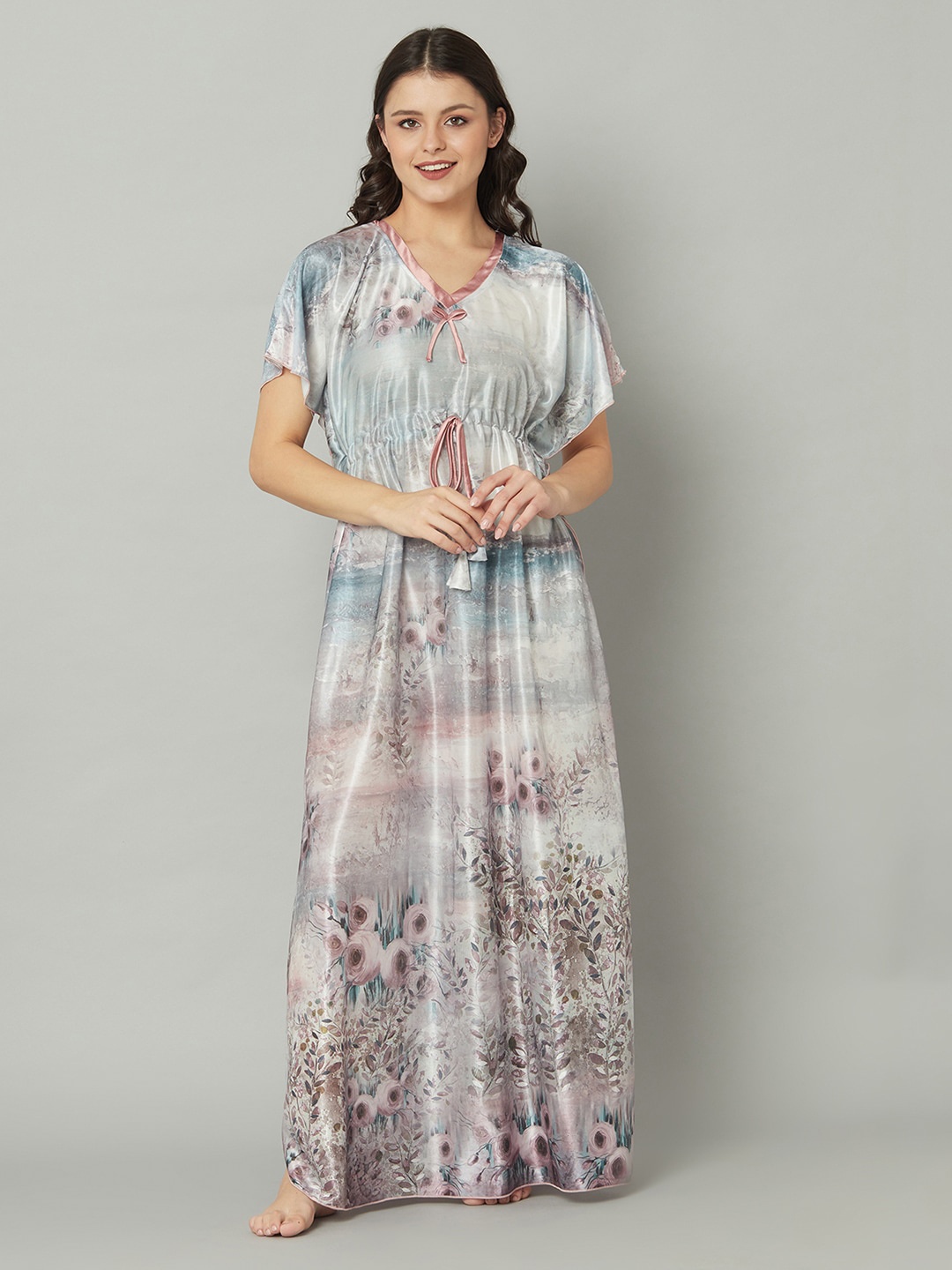 

TRUNDZ Multicoloured Printed Satin Maxi Nightdress, Multi
