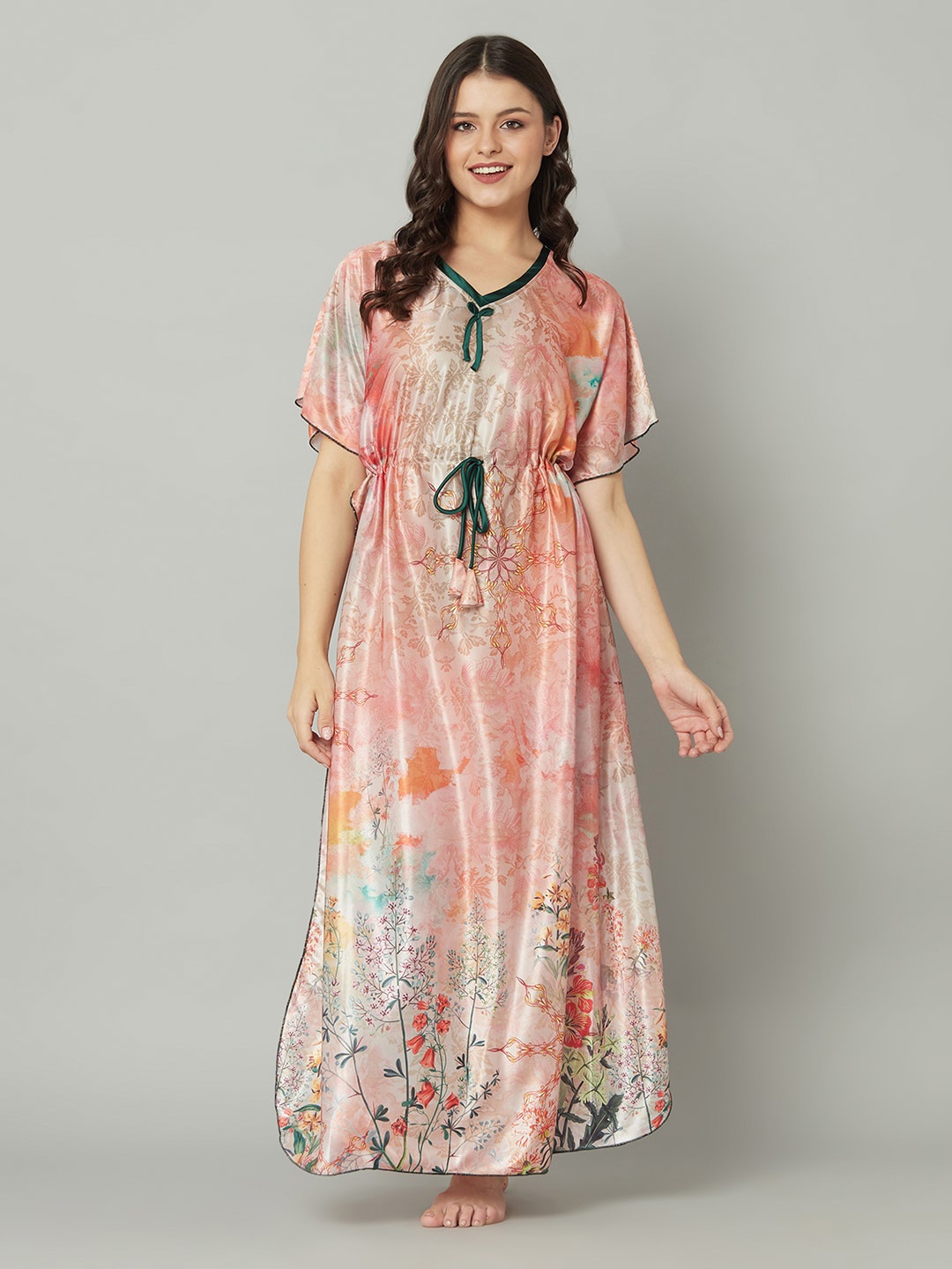 

TRUNDZ Multicoloured Printed Satin Maxi Kaftan Nightdress, Multi