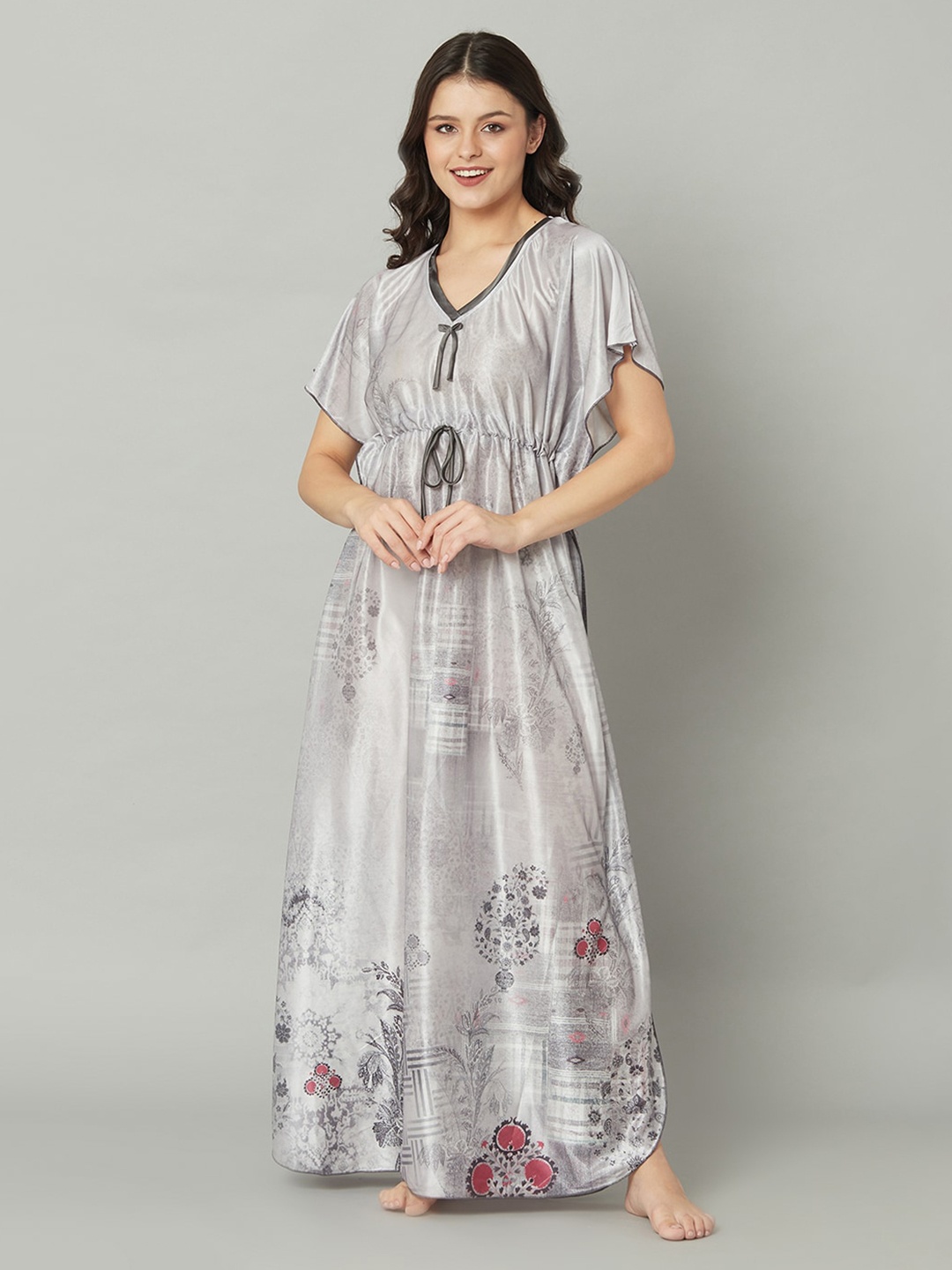 

TRUNDZ Grey Printed Kaftan Maxi Nightdress