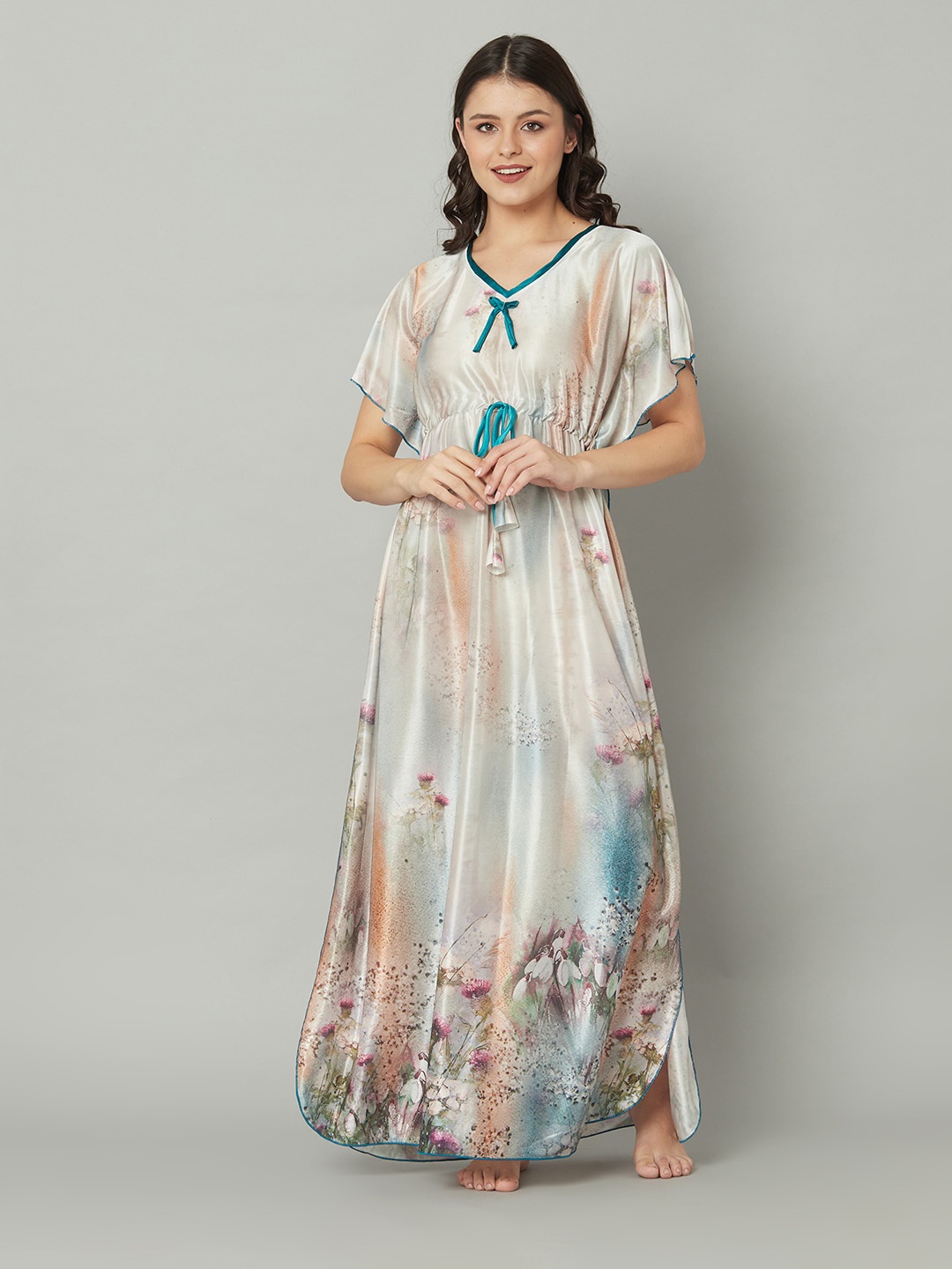 

TRUNDZ Multicoloured Printed Maxi Satin Nightdress, Multi