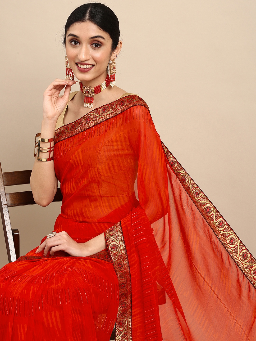 

Anouk Red Ethnic Motifs Pure Georgette Bhagalpuri Saree