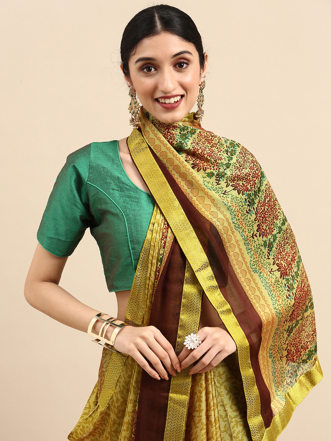 

Anouk Olive Green Floral Patchwork Pure Georgette Bhagalpuri Saree