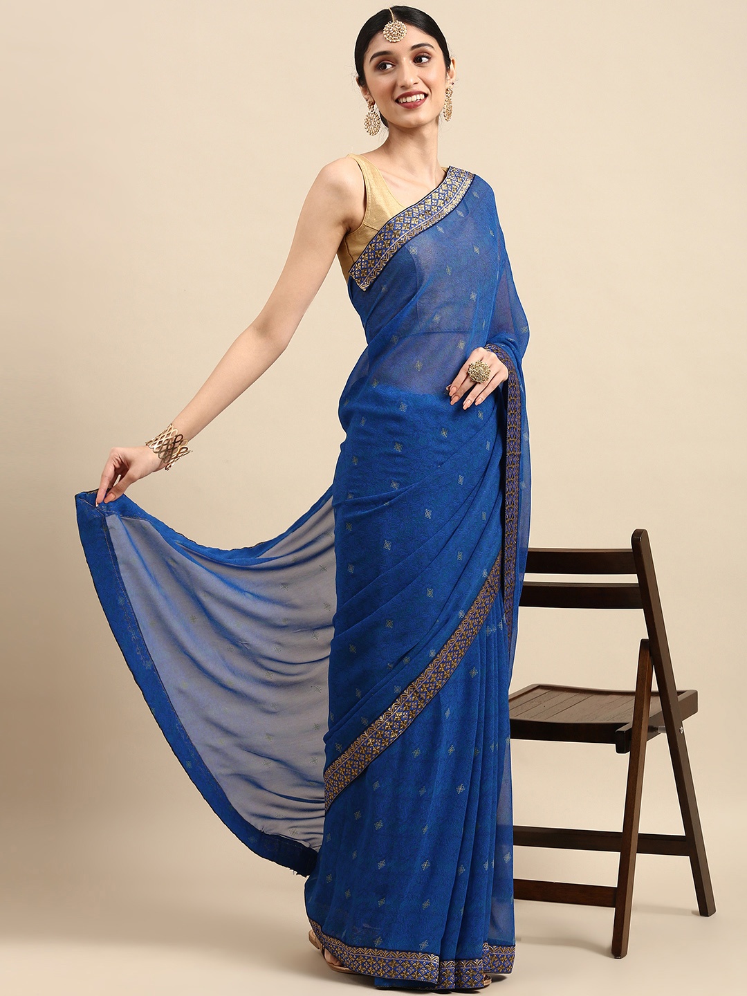 

Anouk Blue Ethnic Motifs Patchwork Pure Georgette Bhagalpuri Saree