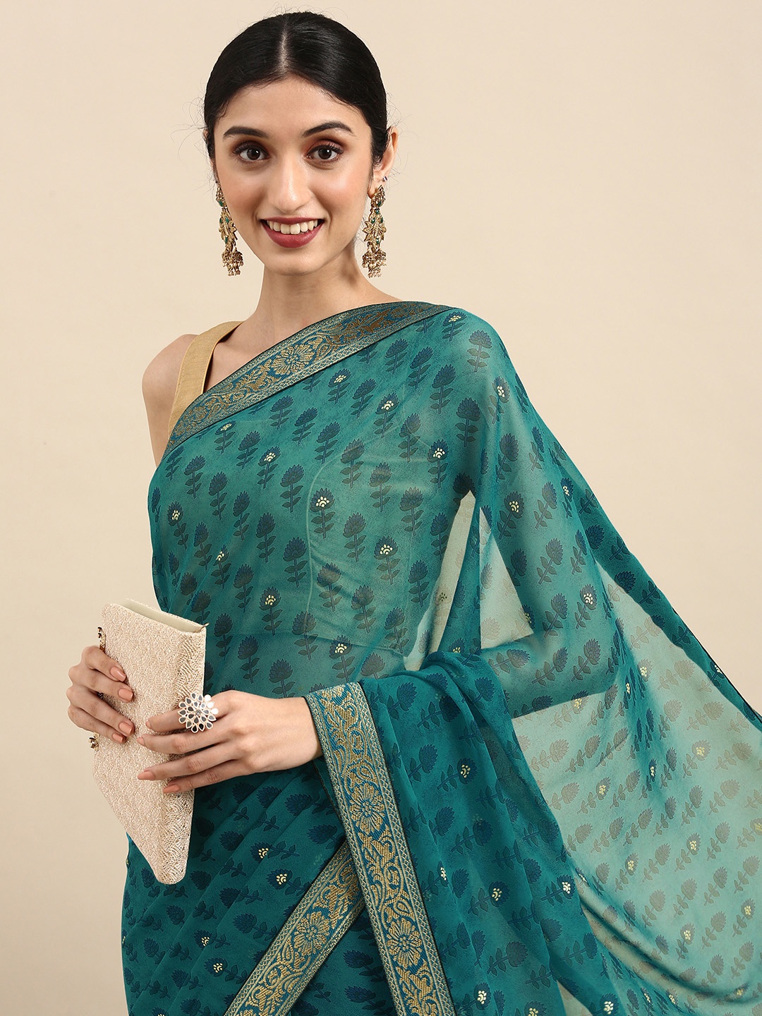 

Anouk Turquoise Blue Floral Pure Georgette Bhagalpuri Saree