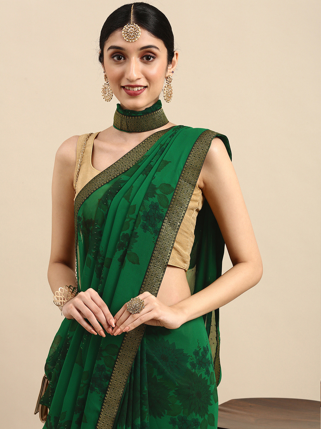 

Anouk Green Floral Pure Georgette Bhagalpuri Saree