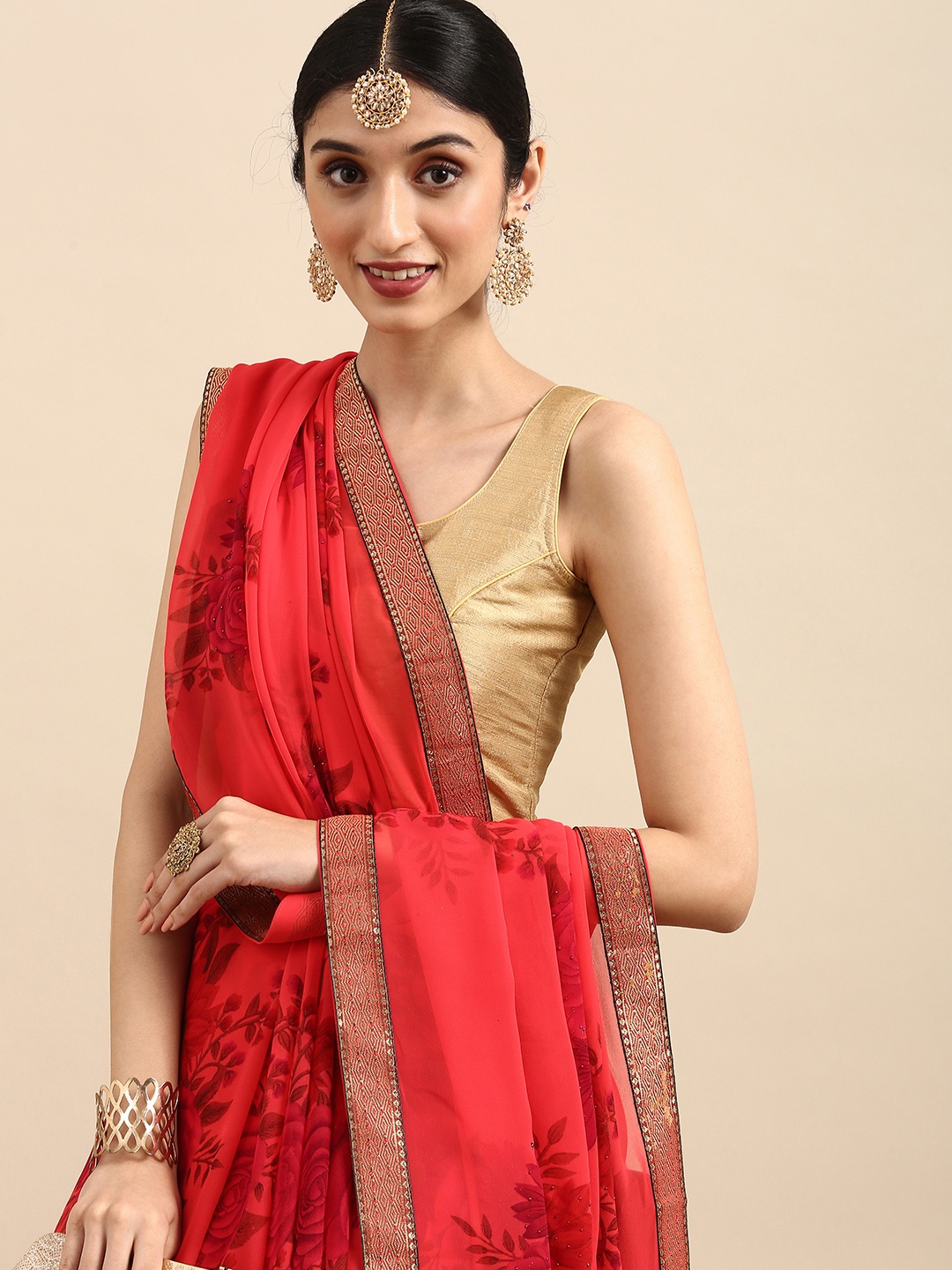 

Anouk Pink Floral Pure Georgette Bhagalpuri Saree