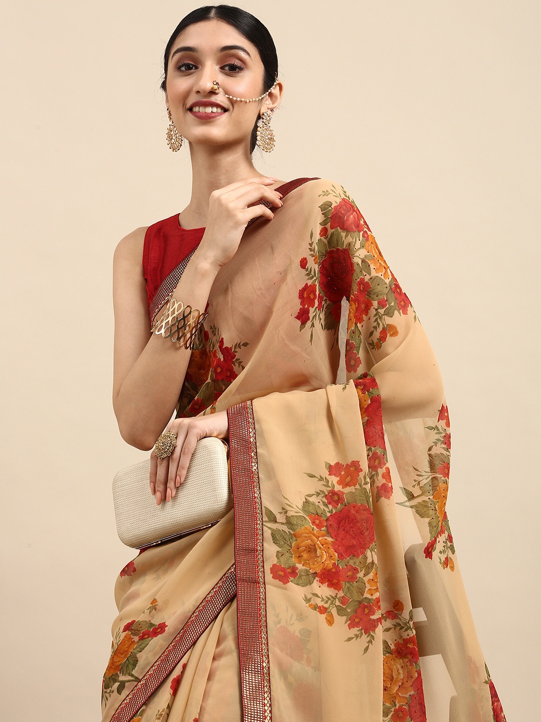 

Anouk Beige Floral Pure Georgette Bhagalpuri Saree