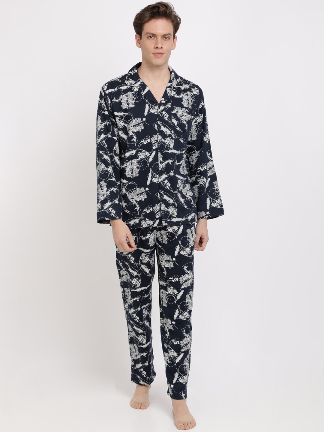 

Bene Kleed Men Navy Blue Printed Cotton Night suit