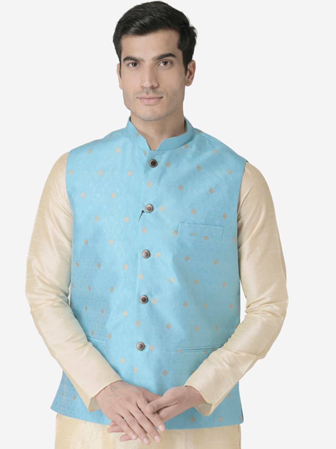 

Tabard Men Turquoise Blue Woven Design Nehru Jacket