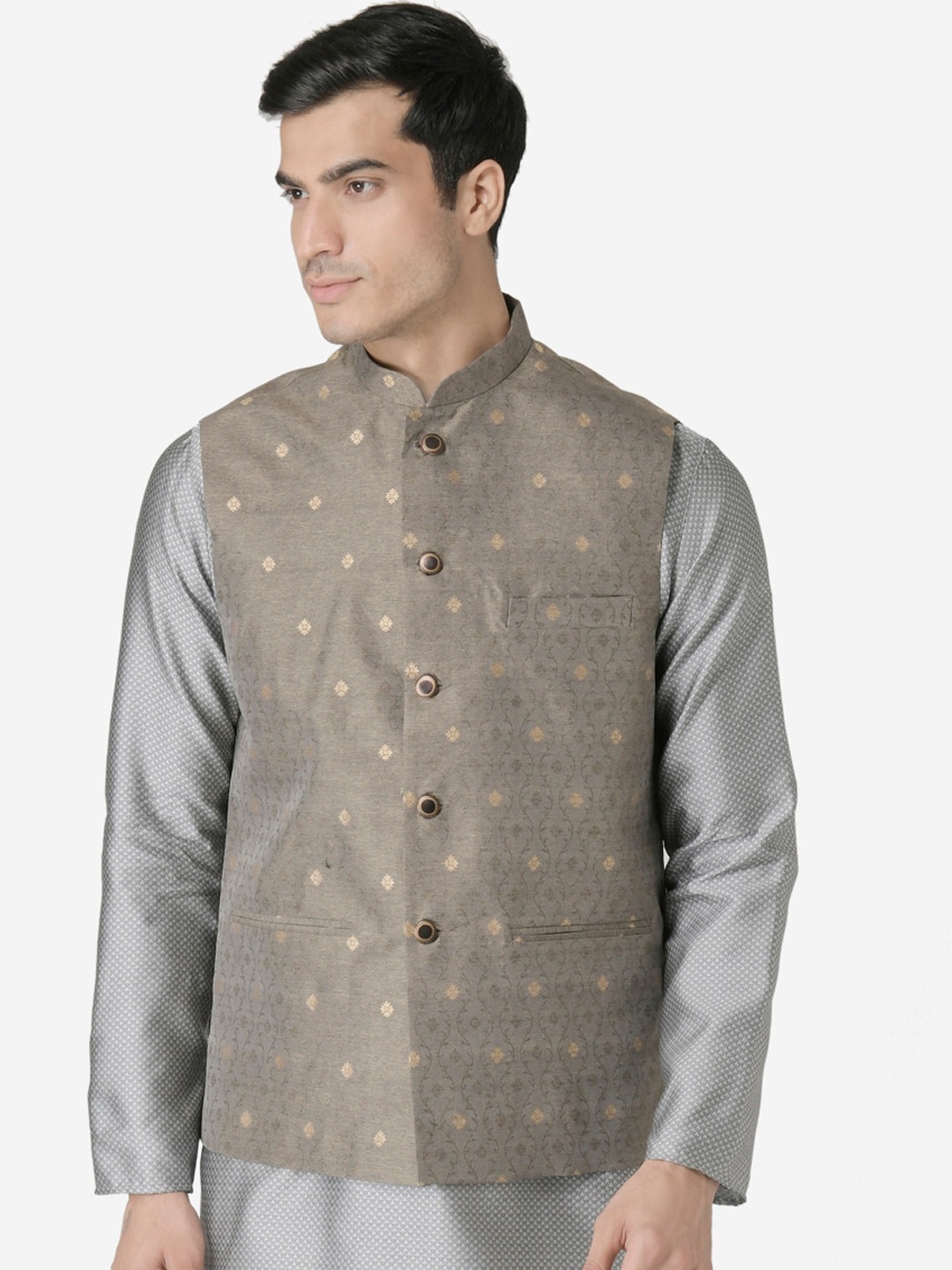 

Tabard Men Grey Printed Nehru Jacket